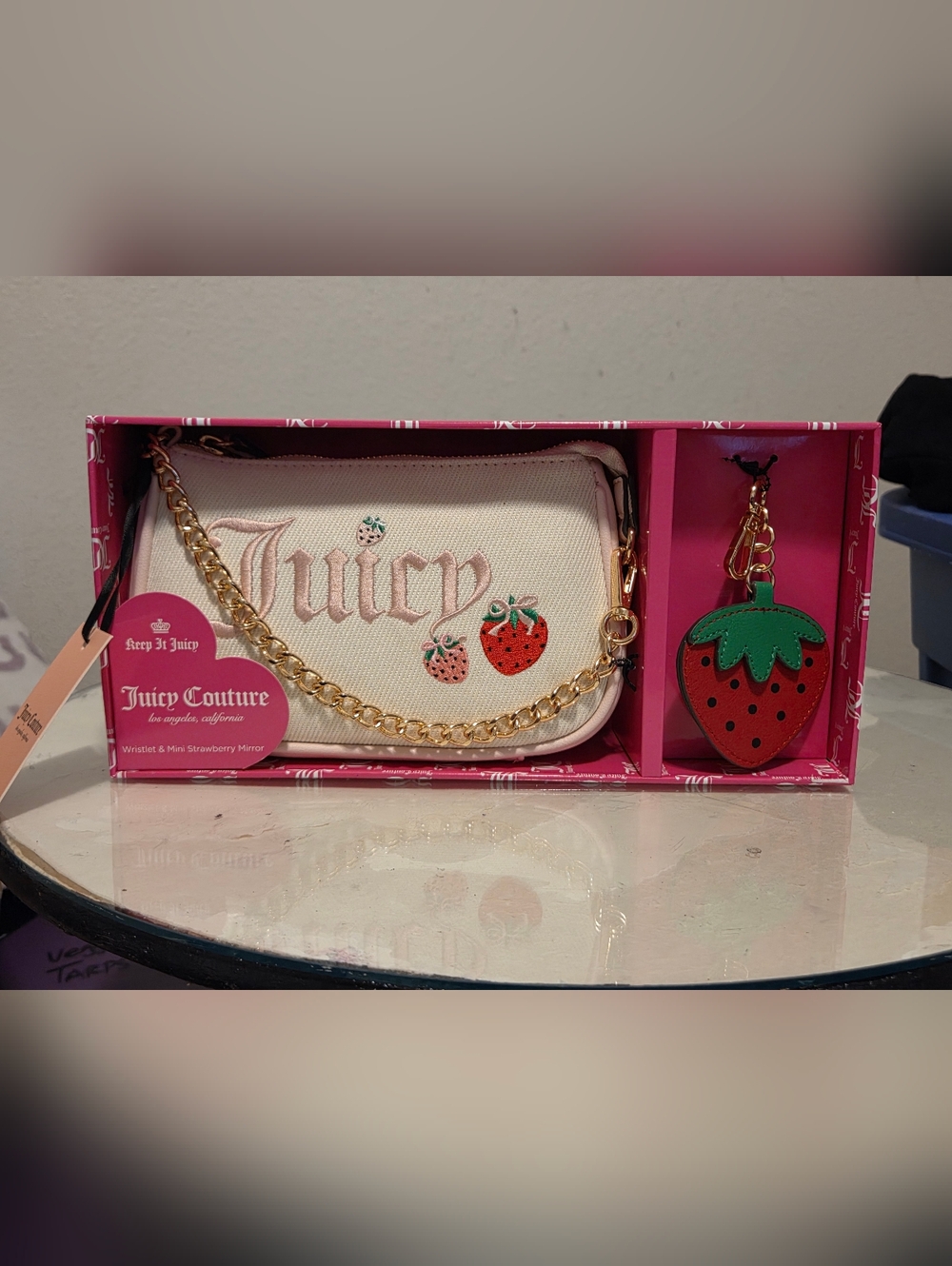 Juicy Couture Cream Strawberry Embroidered Wristlet with Gold Chain